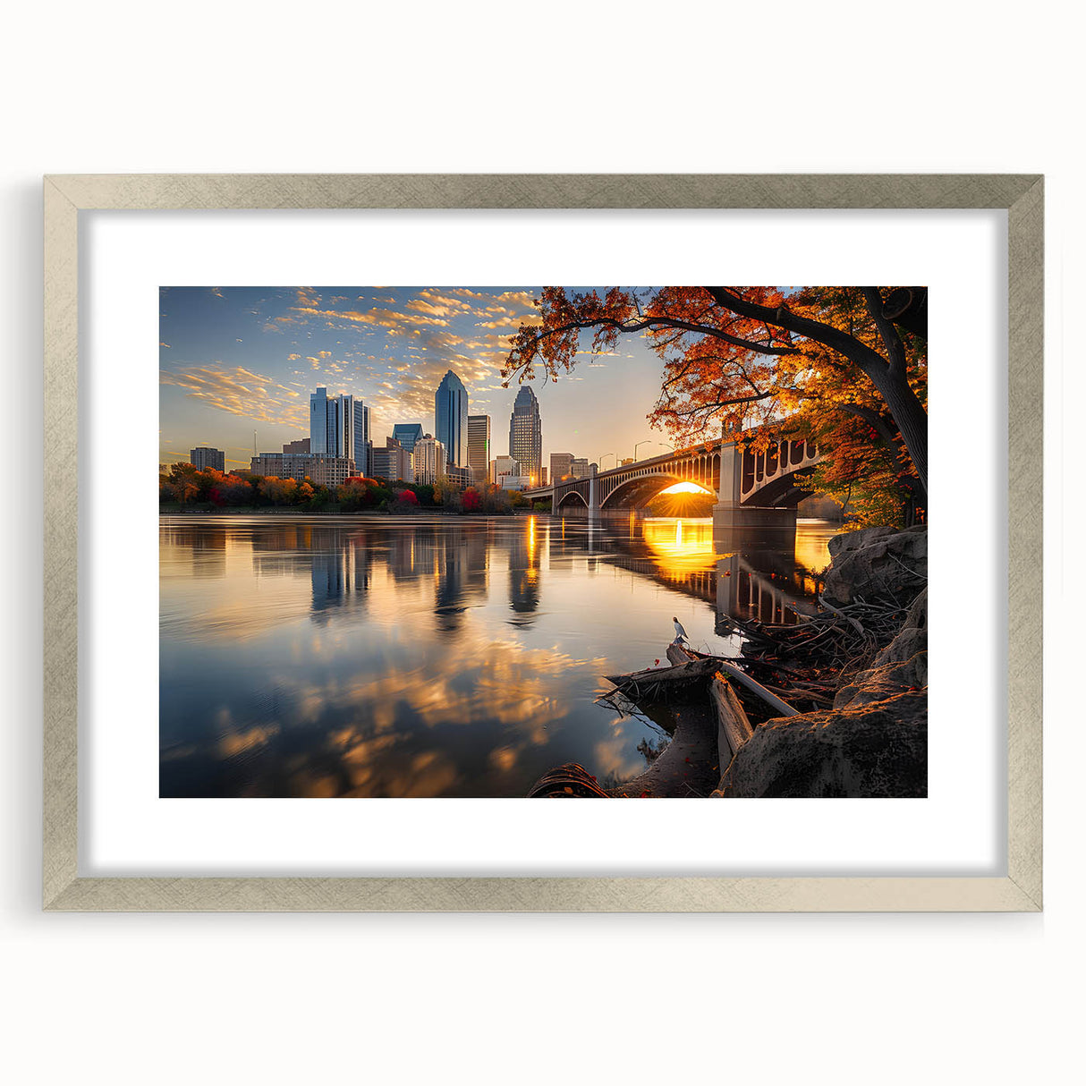 Textured abstract art print of Minneapolis scenery in muted gray and silver tones, framed with a mat.