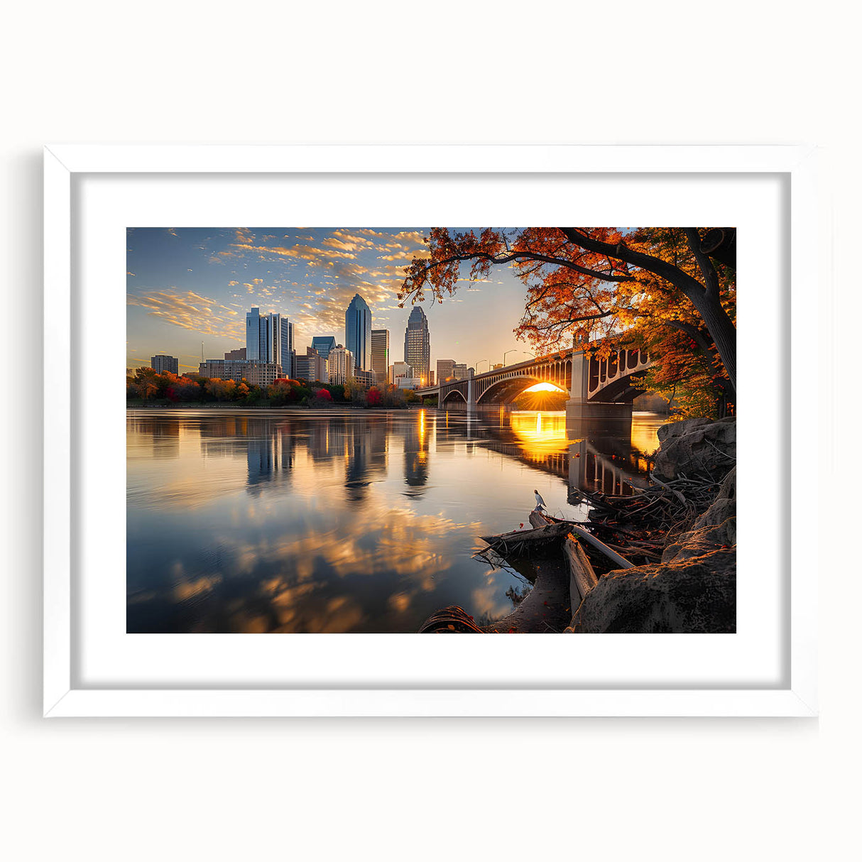 Abstract art print of Minneapolis skyline in muted gray and blue tones, framed with a white mat.