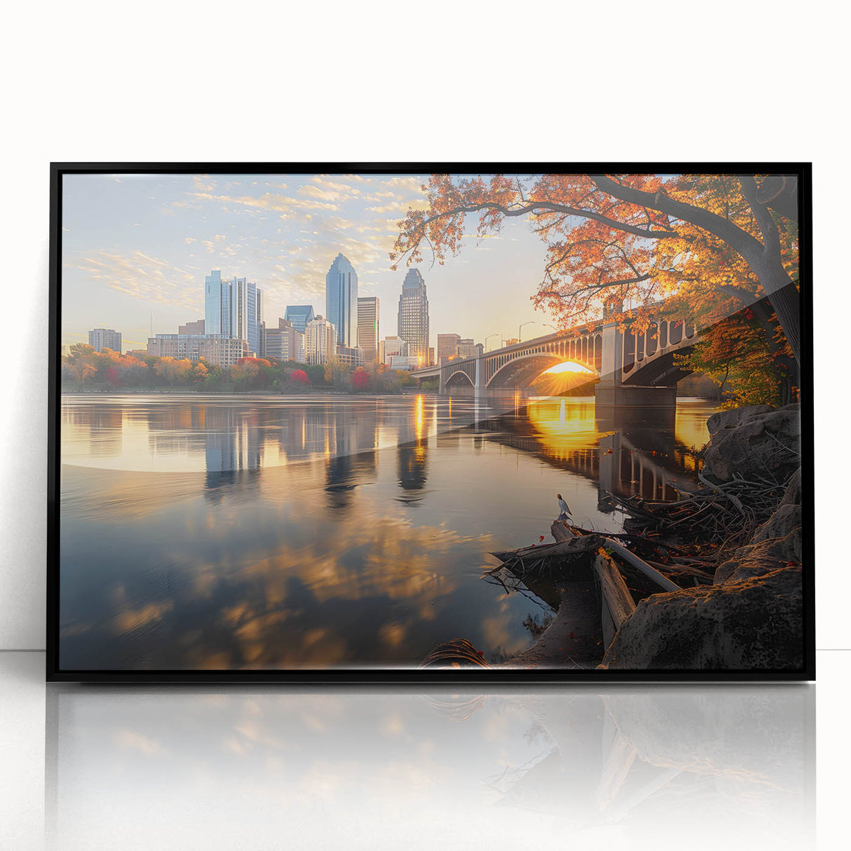 Large abstract wall art depicting the Minneapolis skyline in muted gray and blue tones on a framed acrylic.