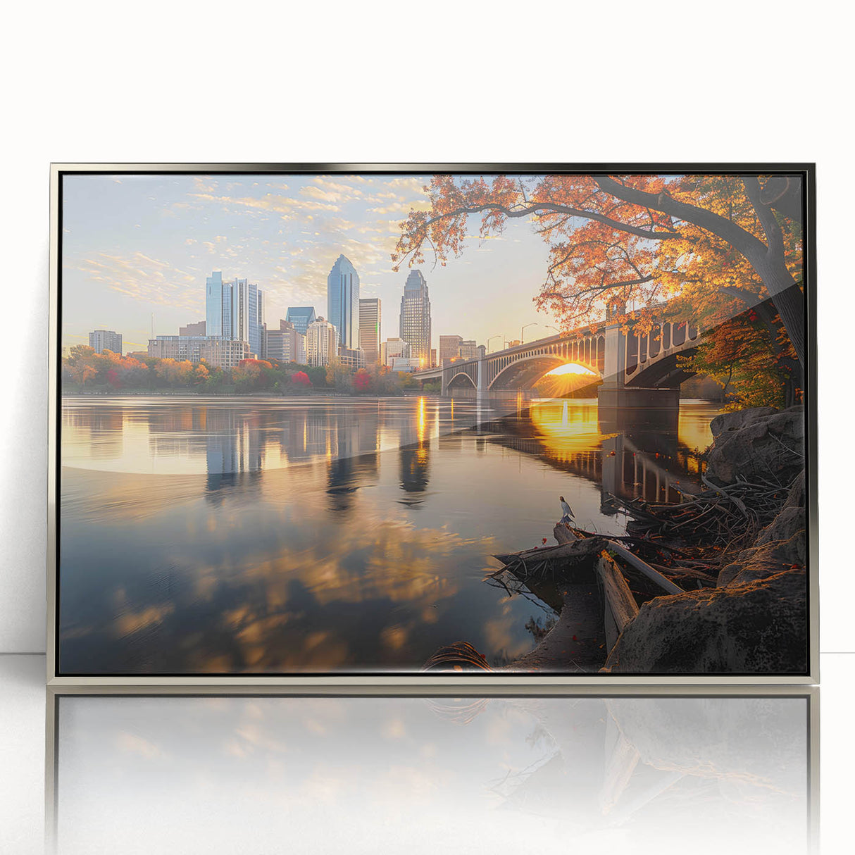 Mid-century modernist art of Minneapolis skyline in muted blue tones on silver-framed acrylic.
