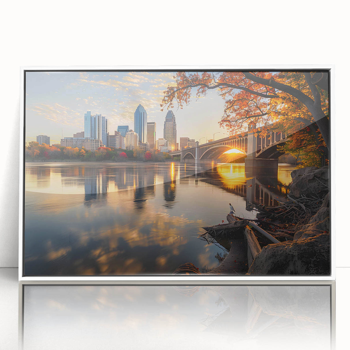 Art deco style Minneapolis skyline, in muted blue and white tones on framed acrylic, suitable for modern nursery wall decor.