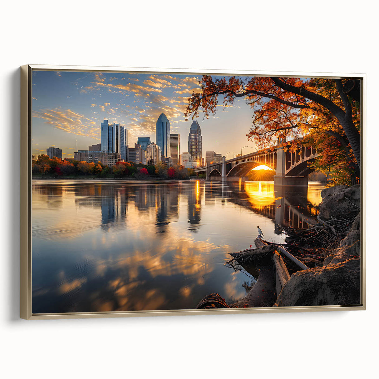 Framed canvas of a vintage-style Minneapolis landscape in black and gold tones, ideal for bedroom wall art.