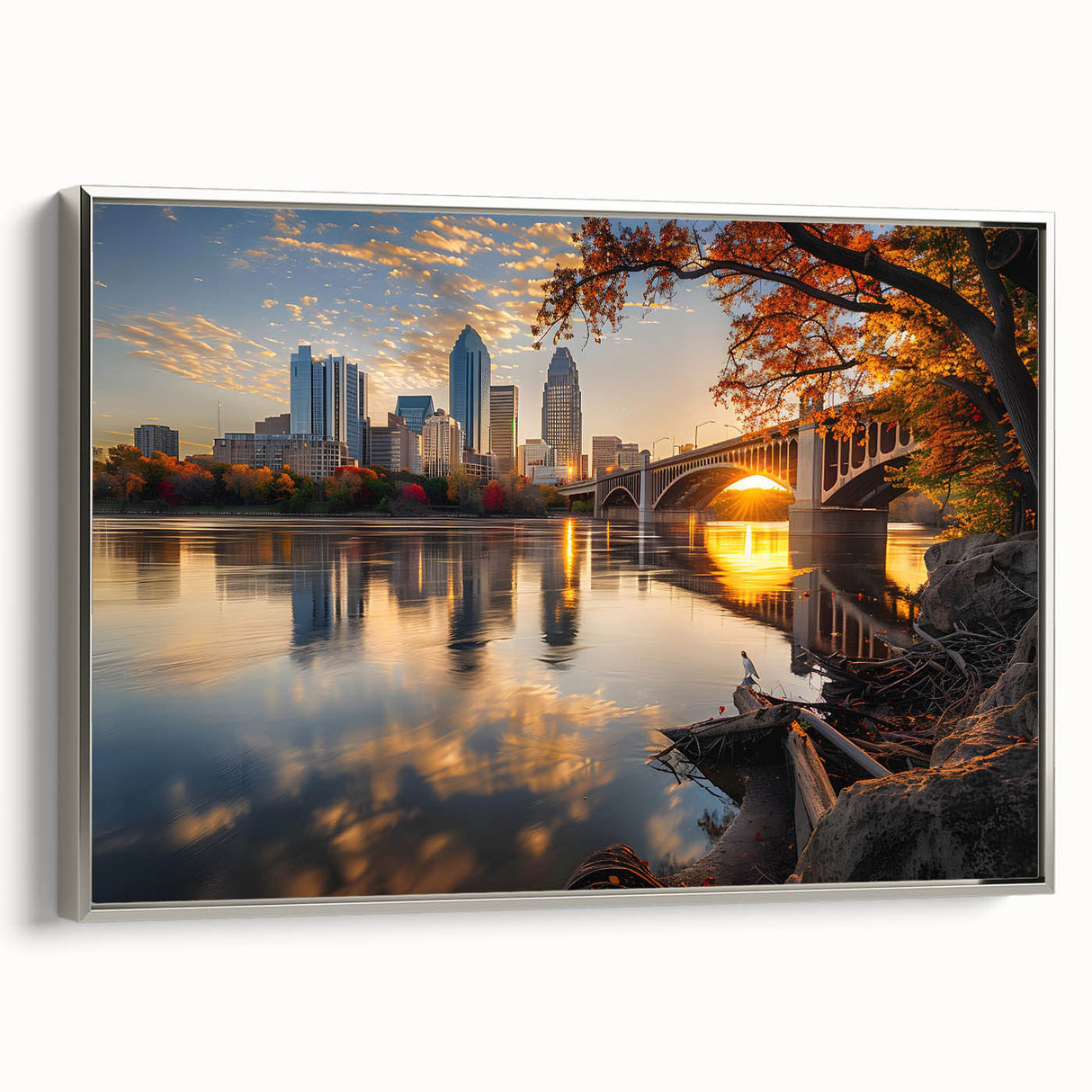 Framed canvas depicting a colorful Minneapolis skyline, ideal for enhancing a modern living room decor.