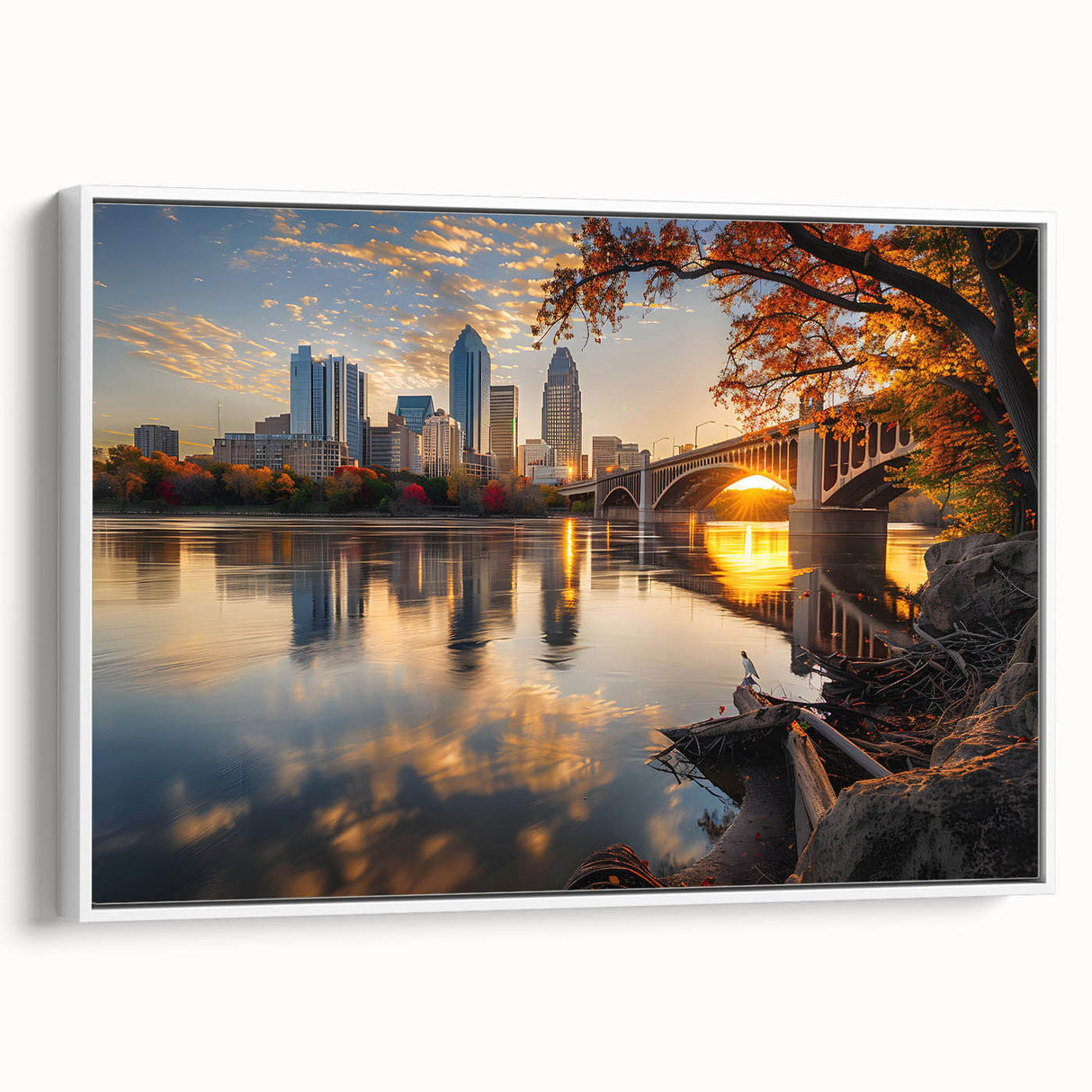 Vintage poster art of Minneapolis skyline in colorful shades on extra large framed canvas, ideal for living room decor.