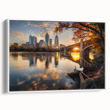 Vintage poster art of Minneapolis skyline in colorful shades on extra large framed canvas, ideal for living room decor.