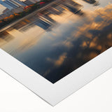 Art deco poster of Minneapolis skyline in muted gold and blue tones on rolled canvas, suitable for dining room wall art.