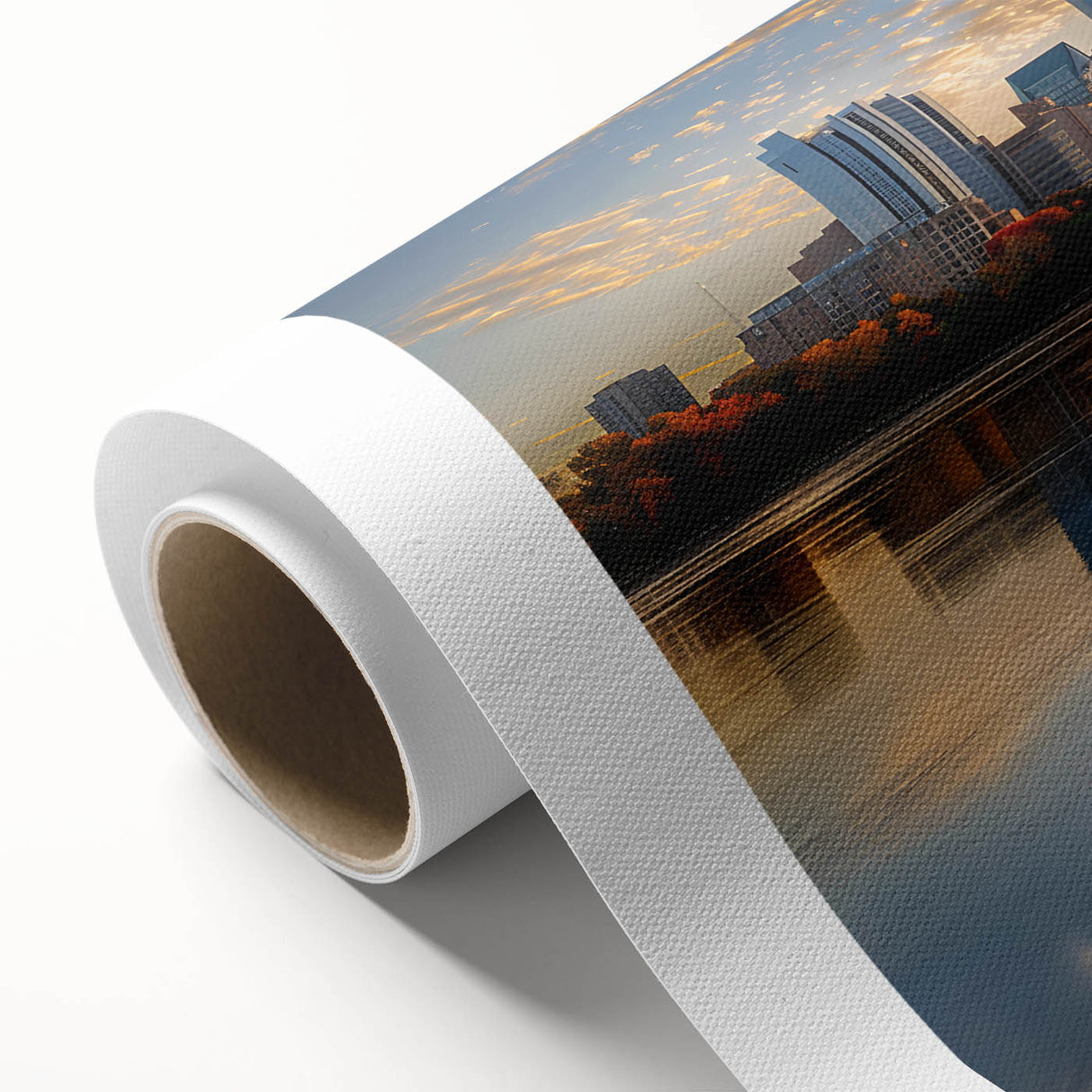 Art Deco poster of Minneapolis skyline with muted gray and blue tones on rolled canvas, ideal for nursery wall art.