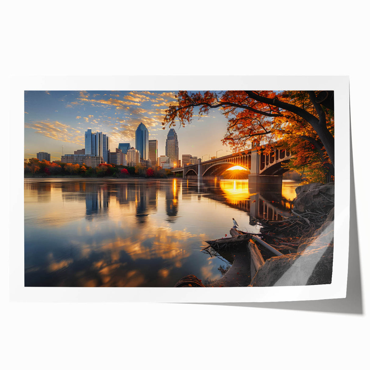Extra large rolled print of Minneapolis skyline in muted gray and blue tones, ideal for art wall dining room.