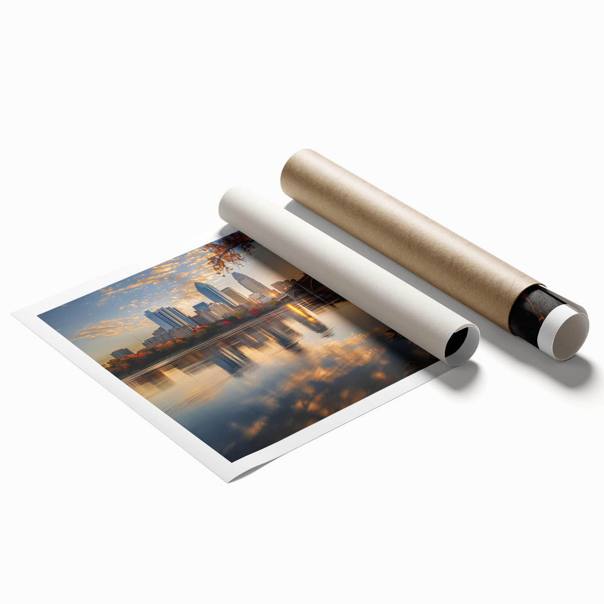 Extra large rolled print of Minneapolis skyline with floral elements in soft pastel shades.