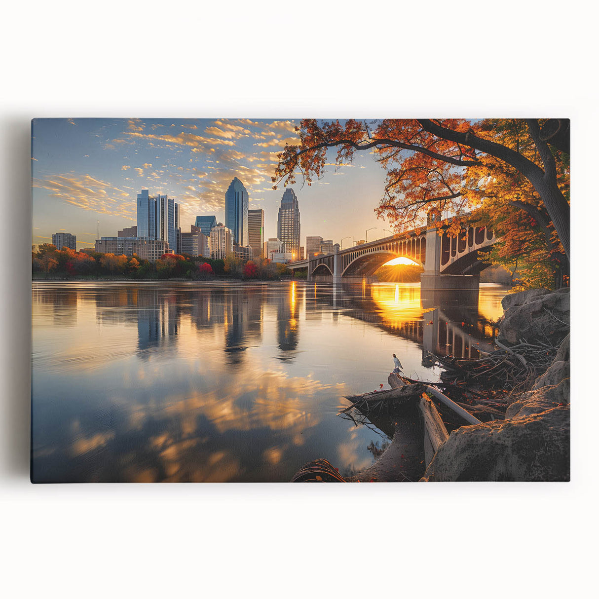 Black and white stretched canvas of Minneapolis skyline, ideal for kitchen wall art.