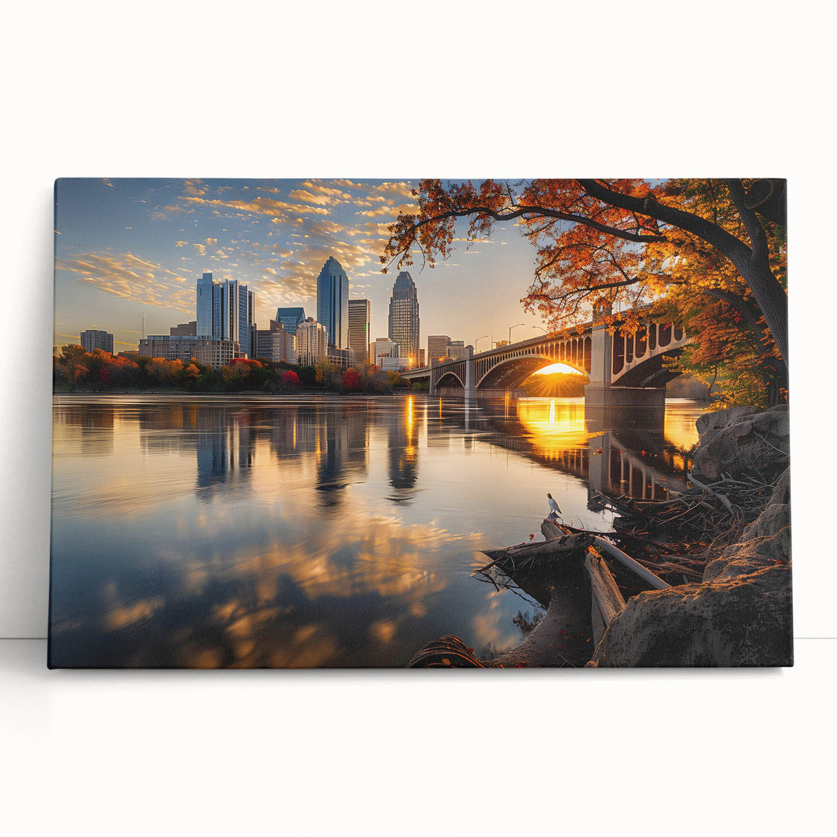 Black and white stretched canvas of Minneapolis skyline, ideal for kitchen wall art or bedroom ambiance.
