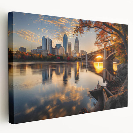 Large art depicting the Minneapolis skyline in muted blue and gray tones on stretched canvas, suitable for kitchen wall art.