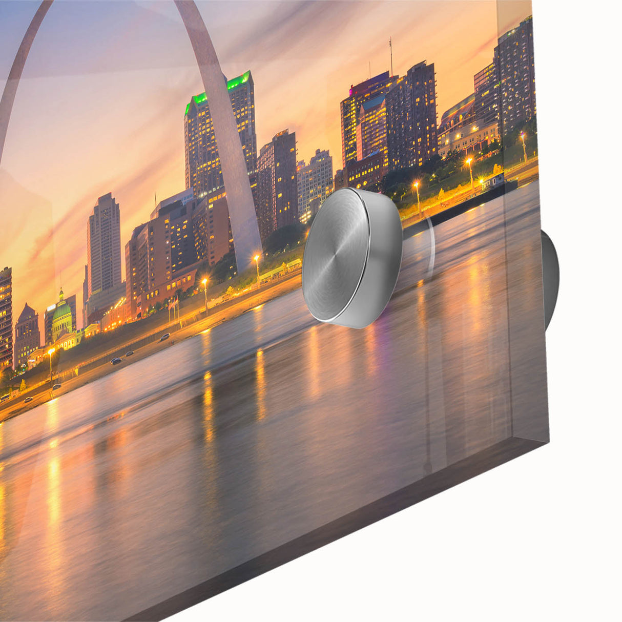 Large abstract depiction of St. Louis skyline in muted earth tones on acrylic glass, ideal for dining room art.