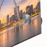 Large abstract depiction of St. Louis skyline in muted earth tones on acrylic glass, ideal for dining room art.