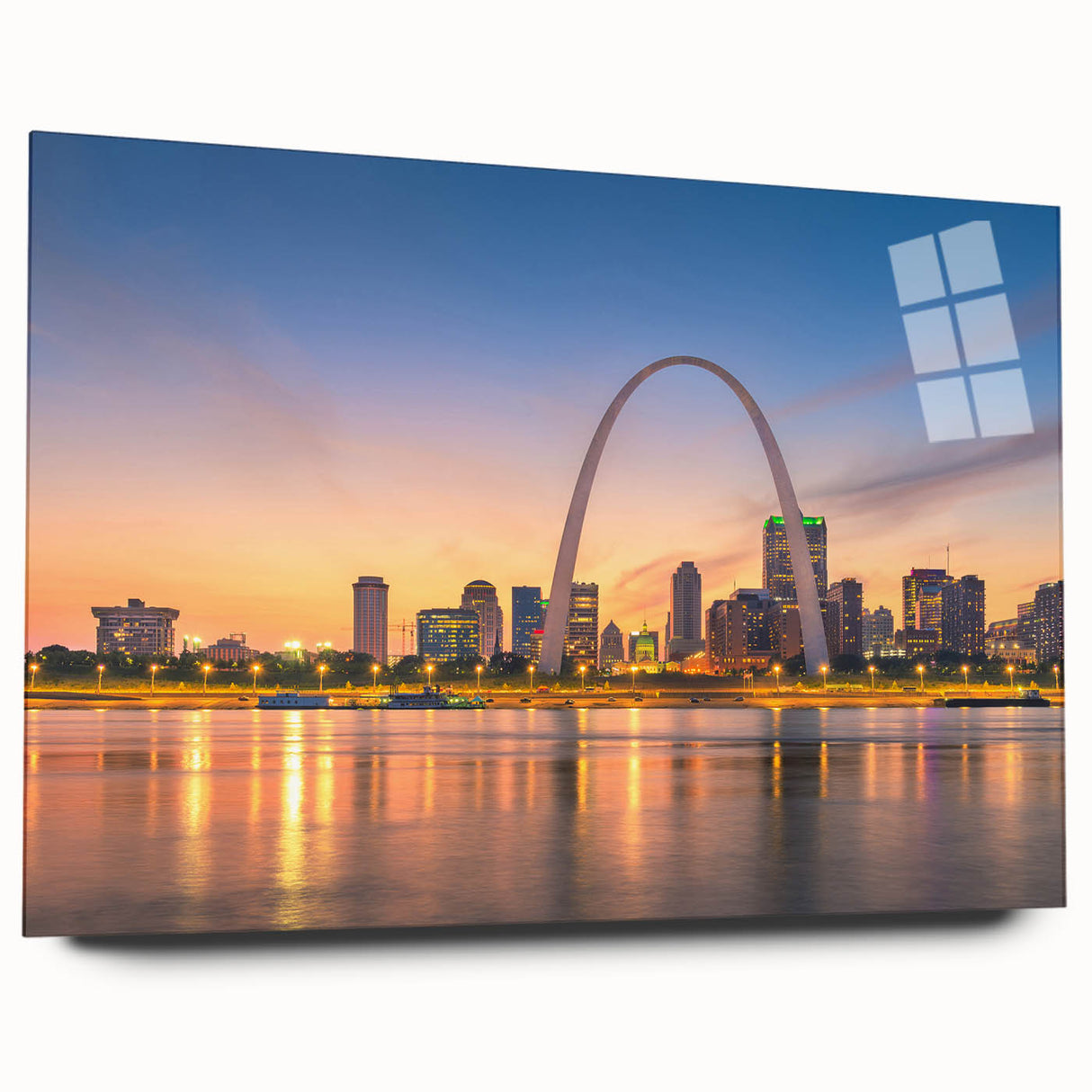 Acrylic print of St. Louis skyline in muted blues and grays, ideal for bedroom or dining room art.
