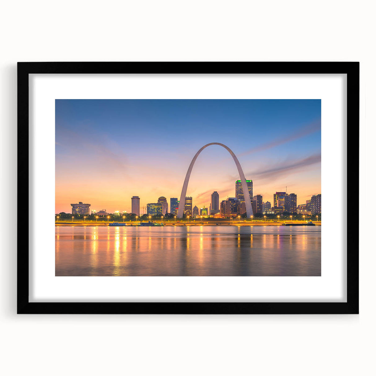 Abstract art print of St. Louis skyline in vibrant colors on a large framed canvas, ideal for living room decor.