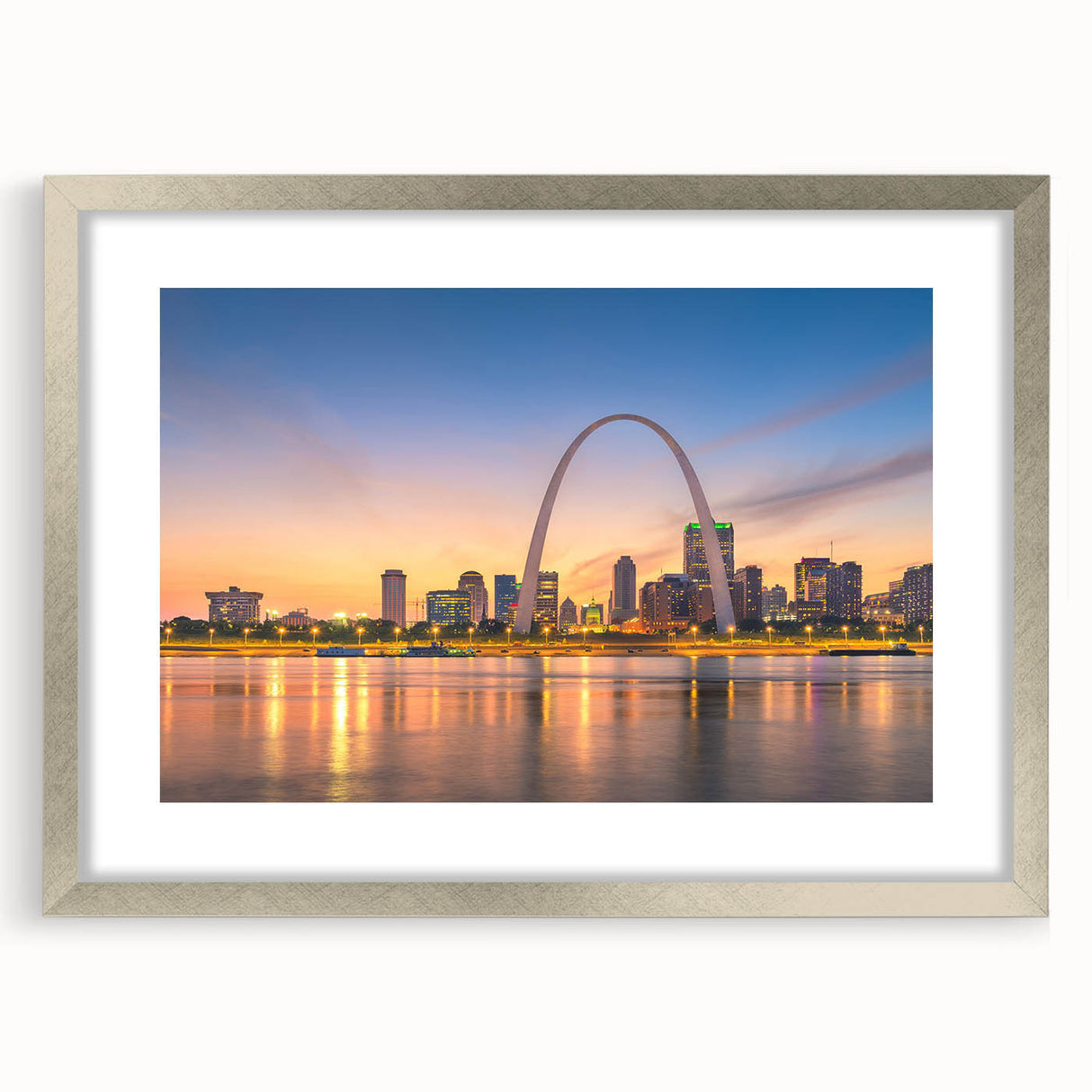 Textured abstract art print of St. Louis skyline in muted blue and gray, framed in silver, ideal for bedroom art.