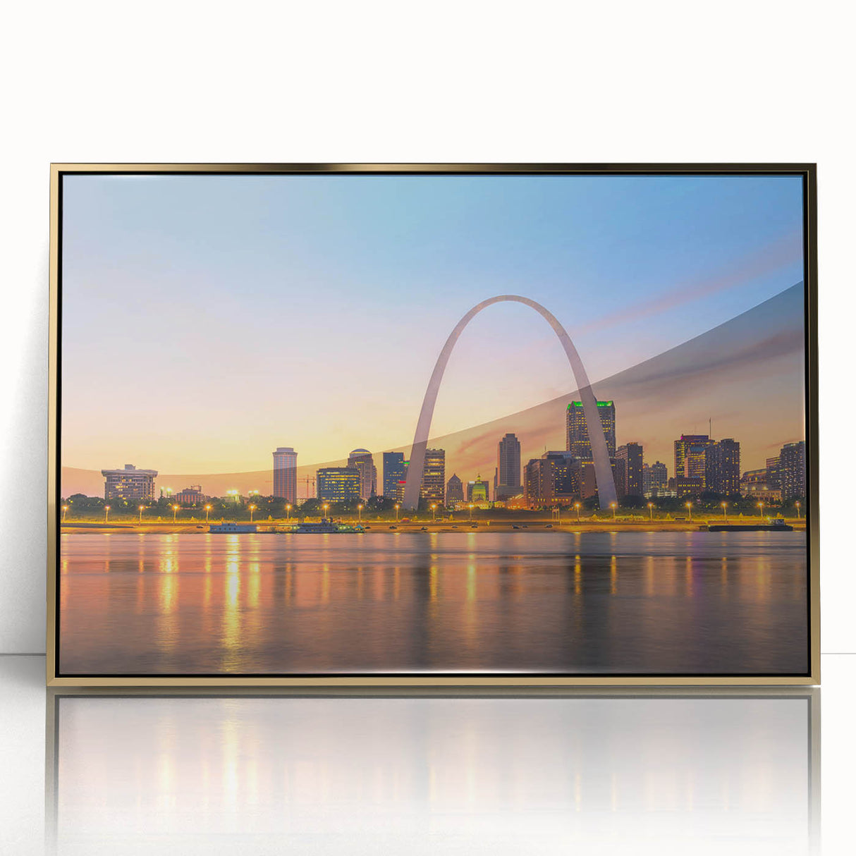 Framed acrylic print of St. Louis skyline in gold and blue tones, ideal for modern art wall decor.