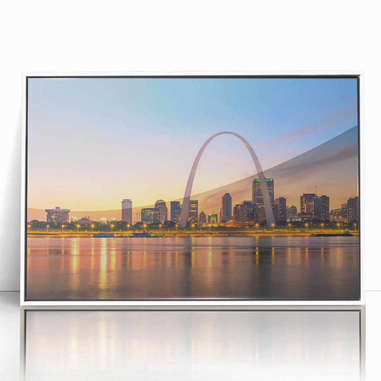 Art deco poster of St. Louis skyline in muted gray and blue tones on acrylic, ideal for modern art wall decor.