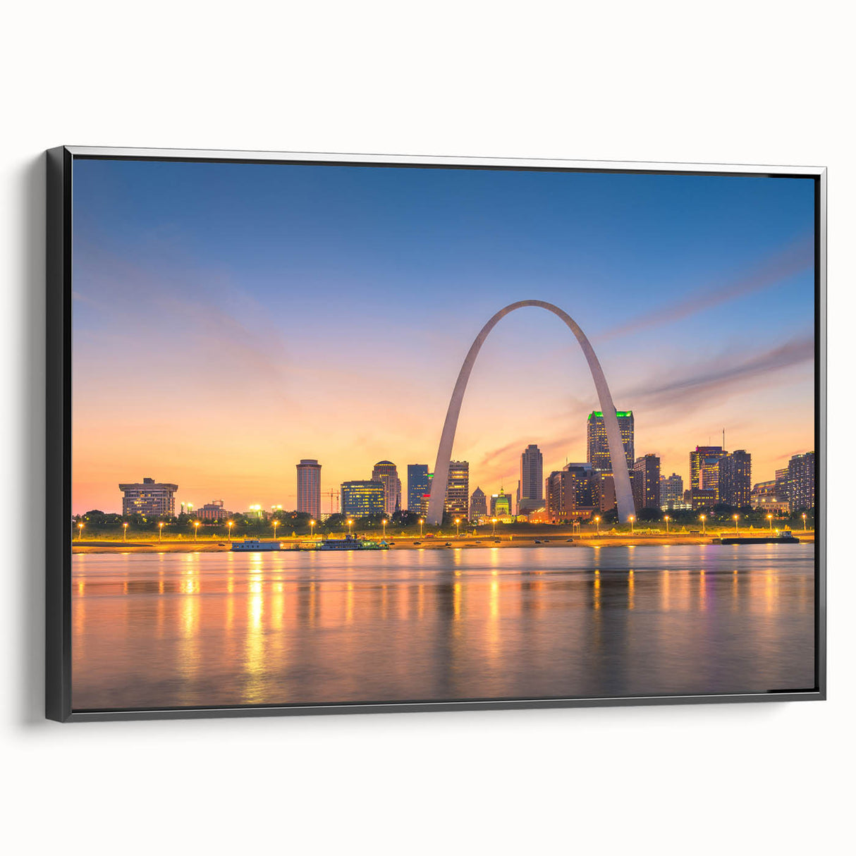 Black and white framed canvas of St. Louis skyline, ideal for bedroom wall art.