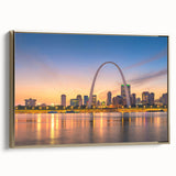 Framed canvas of St. Louis skyline in black and gold tones, ideal for bedroom wall art.