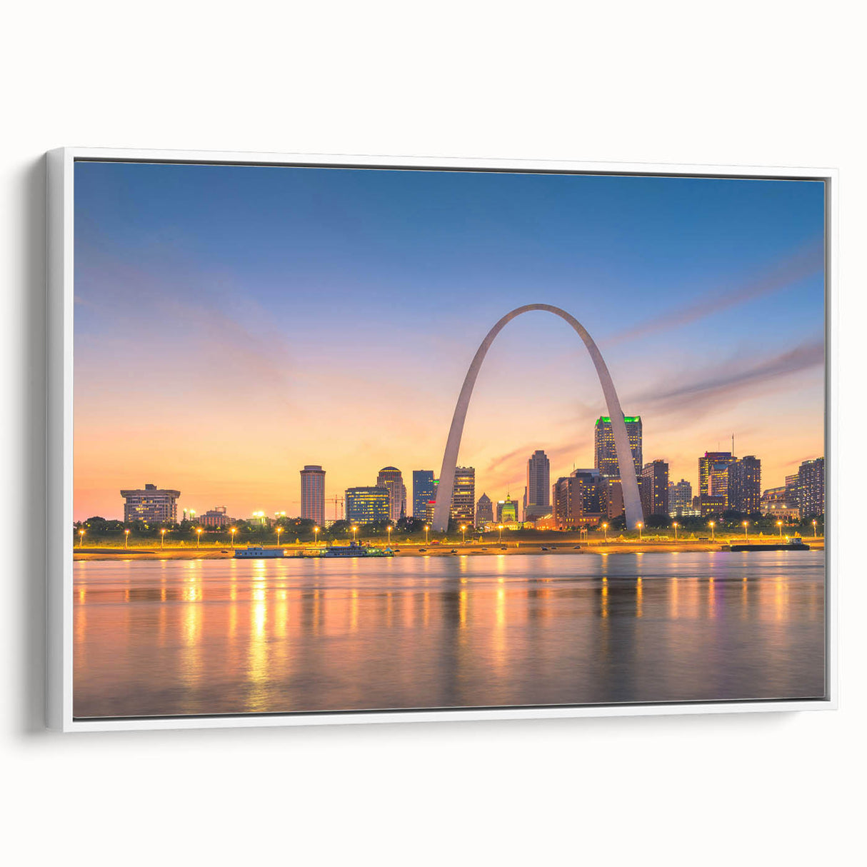 Vintage poster art of St. Louis skyline in colorful hues on a framed canvas, ideal for living room decor.