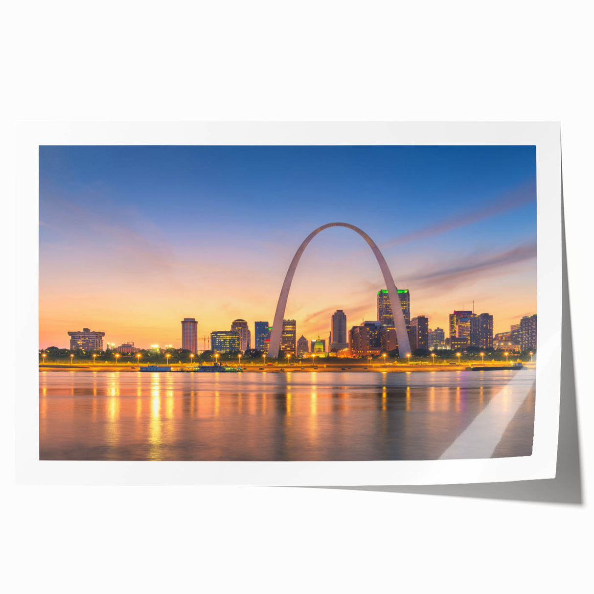 Rolled print of St. Louis skyline with pastel shades, ideal for art wall dining room.
