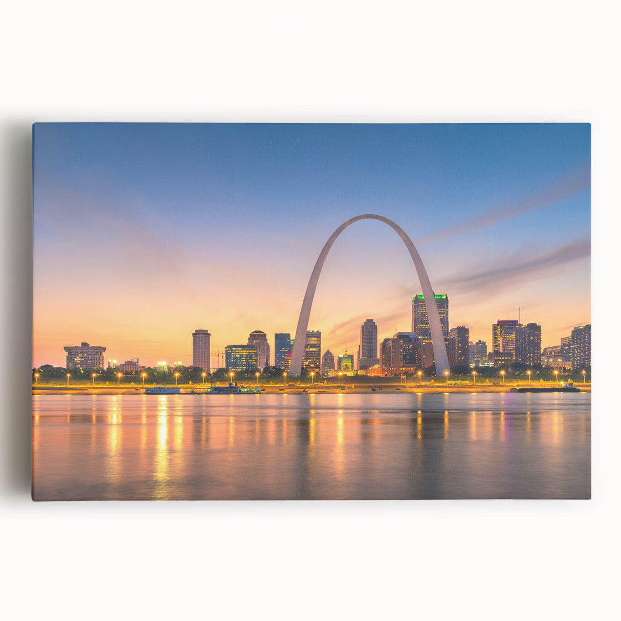 Black and white stretched canvas of the St. Louis skyline, ideal for kitchen wall art.