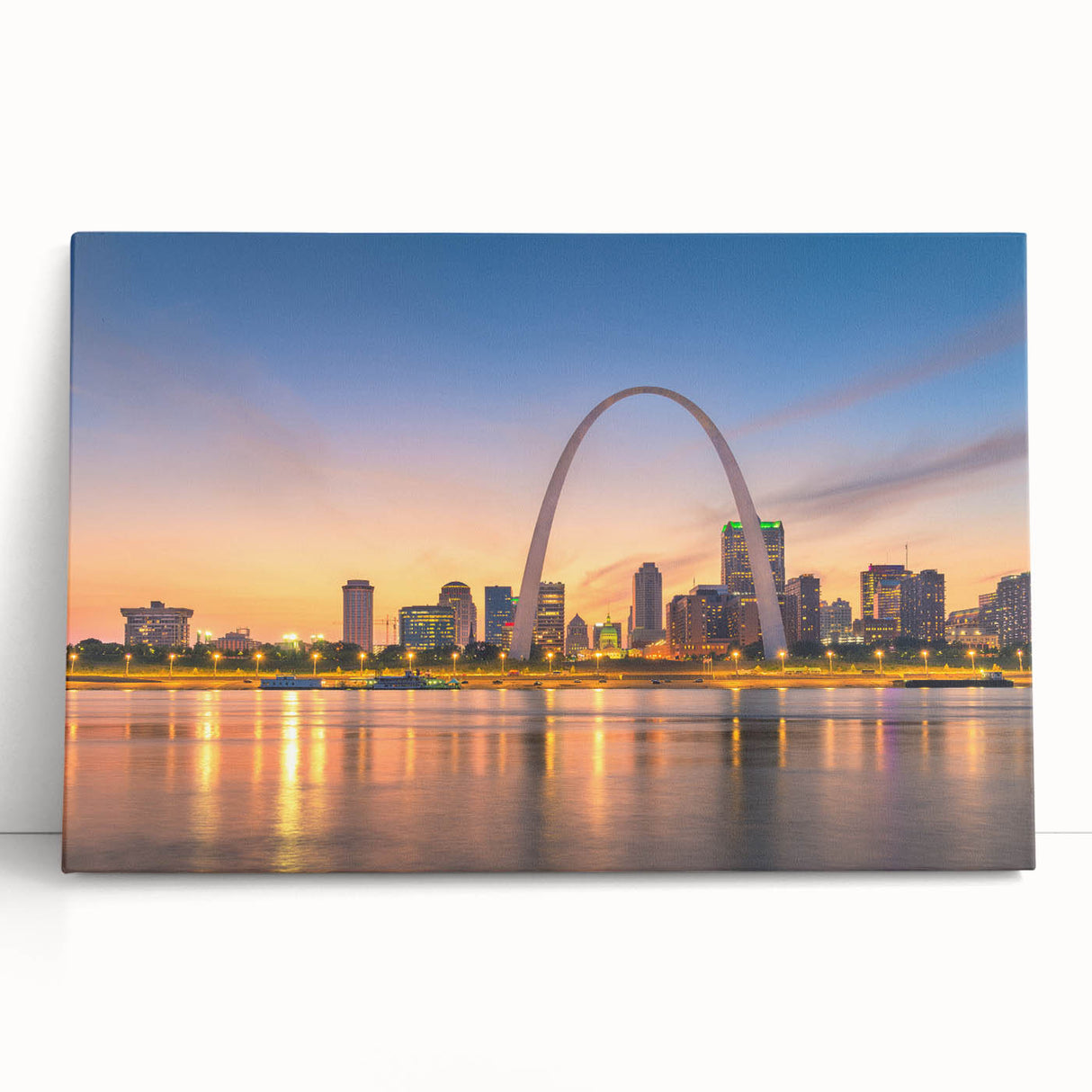 Black and white stretched canvas of St. Louis skyline, ideal for kitchen wall art.