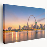 Stretched canvas of St. Louis skyline in muted blue and gray tones, ideal for kitchen wall art.
