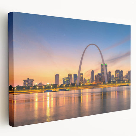 Stretched canvas of St. Louis skyline in muted blue and gray tones, ideal for kitchen wall art.