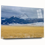 Acrylic glass print of a Montana landscape in muted earth tones, suitable for bedroom or dining room decor.