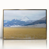 Large art print of Montana scenery in gold frame, acrylic, featuring mid-century modernist style.
