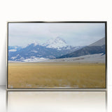 Mid-century modernist art depicting Montana scenery in muted earth tones on a silver-framed acrylic print.