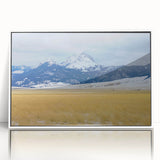 Acrylic print of a serene Montana landscape in muted earth tones, framed in white, suitable as modern art wall decor.