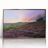Mid-century modernist acrylic print of a New Hampshire landscape in gold frame, ideal for modern art wall decor.