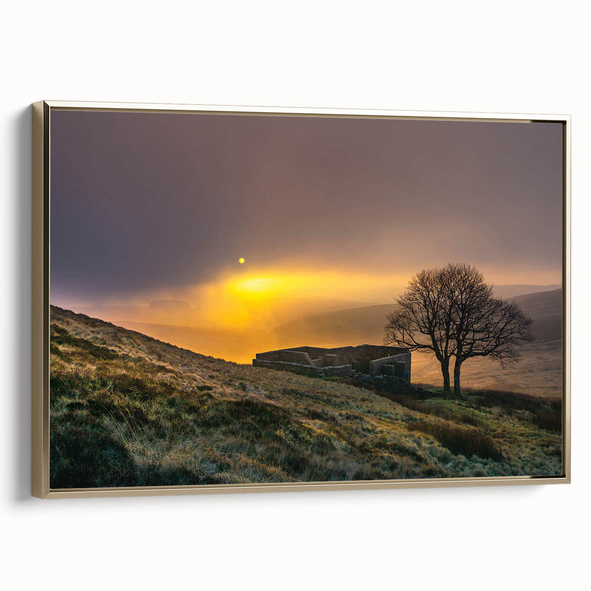 Framed canvas wall art depicting a vintage-style Charlotte skyline in black and gold tones, ideal for bedroom decor.