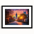 Extra large textured abstract art print of colorful Raleigh skyline, set in a black frame with mat.