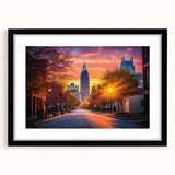 Extra large textured abstract art print of colorful Raleigh skyline, set in a black frame with mat.