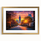 Extra large abstract art print of Raleigh, North Carolina skyline in textured gold frame, ideal for living room decor.