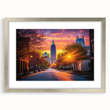 Textured abstract art print of Raleigh skyline in muted earth tones on a framed canvas, suitable for bedroom decor.