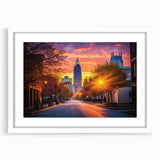 Abstract art print of Raleigh skyline in muted blue and gray tones on a white framed poster, ideal for dining room decor.