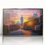 Mid-century modernist art of Raleigh skyline in gold and blue tones on a framed acrylic print.