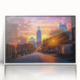 Acrylic print of Raleigh, North Carolina skyline in art deco style with muted blue and gray tones.