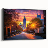 Black and white framed canvas of Raleigh, North Carolina skyline, ideal for bedroom wall decor.
