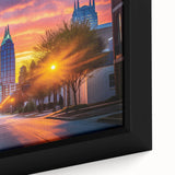 Textured black wall art featuring a colorful Raleigh, North Carolina skyline on a framed canvas, ideal for living room decor.