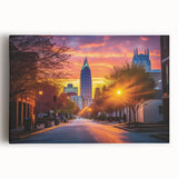 Black and white stretched canvas depicting the Raleigh, North Carolina skyline, ideal for kitchen wall art.