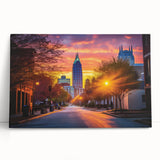 Black and white large art print of Raleigh skyline on stretched canvas, ideal for kitchen wall art or bedroom decor.