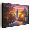 Raleigh, North Carolina skyline in muted blue and gray tones on a large stretched canvas, ideal for kitchen wall art.