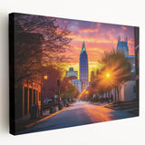 Raleigh, North Carolina skyline in muted blue and gray tones on a large stretched canvas, ideal for kitchen wall art.